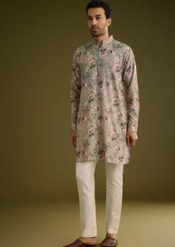 Grey Printed Kurta Set In Russian Silk With Zipper