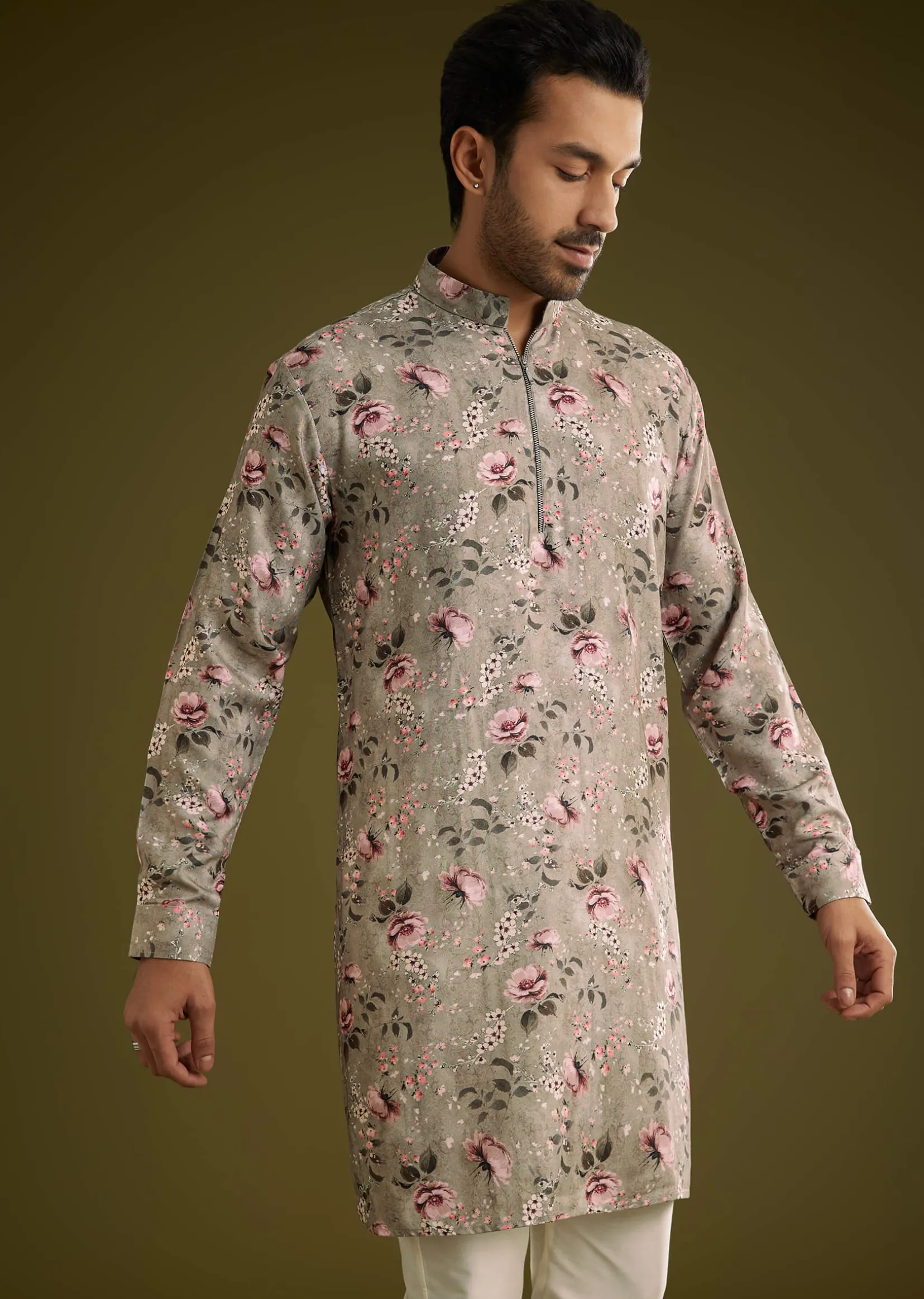 Grey Printed Kurta Set In Russian Silk With Zipper