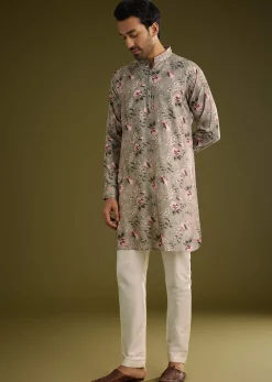 Grey Printed Kurta Set In Russian Silk With Zipper