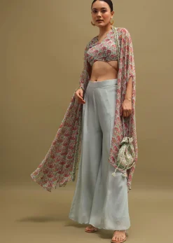 Grey Printed Organza Palazzo Set With Jacket