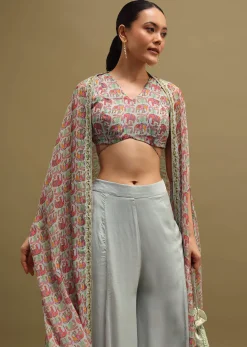 Grey Printed Organza Palazzo Set With Jacket