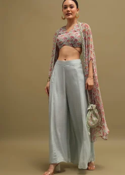 Grey Printed Organza Palazzo Set With Jacket