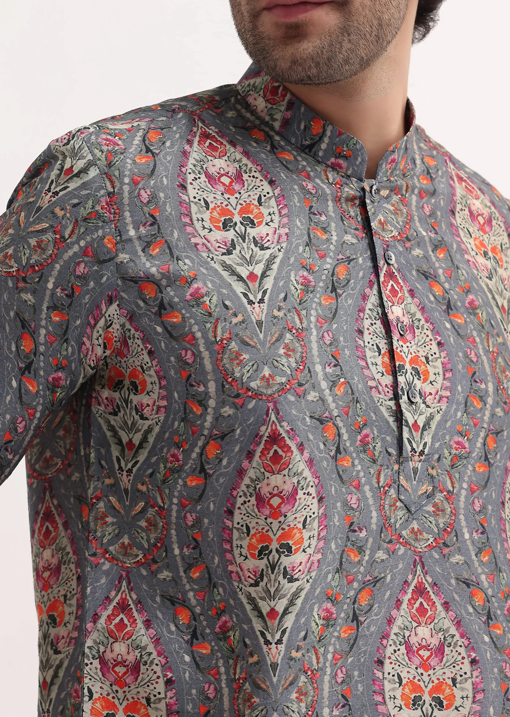 Grey Printed Silk Short Kurta Set For Men