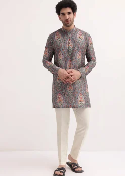 Grey Printed Silk Short Kurta Set For Men