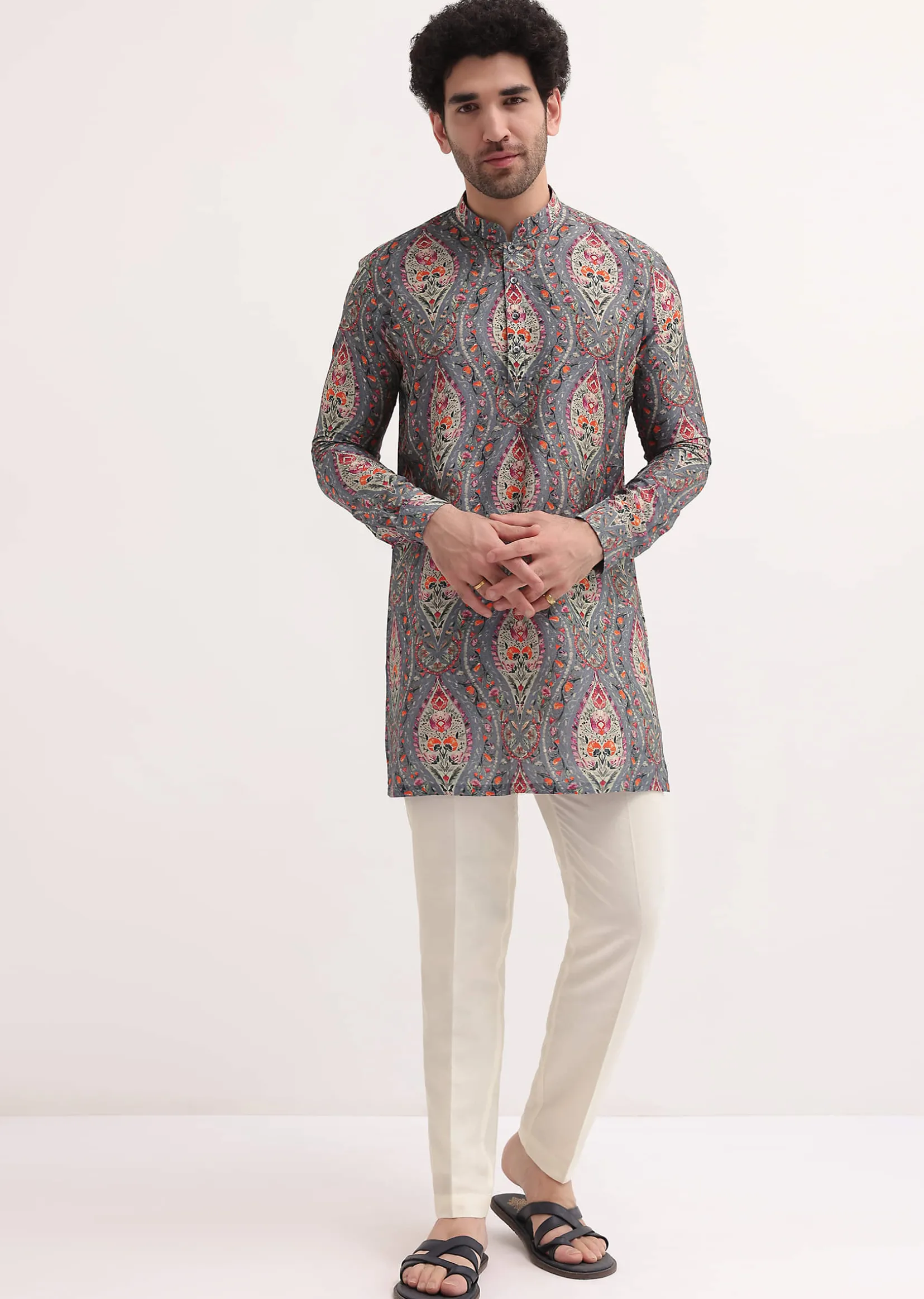 Grey Printed Silk Short Kurta Set For Men