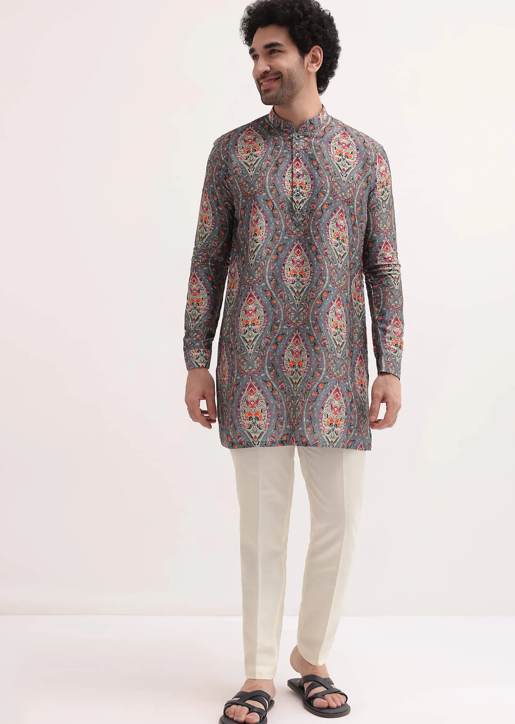 Grey Printed Silk Short Kurta Set For Men