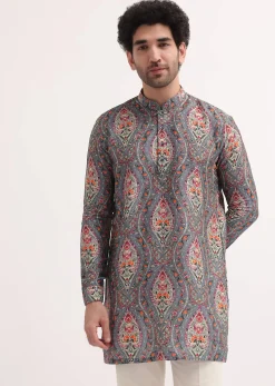 Grey Printed Silk Short Kurta Set For Men