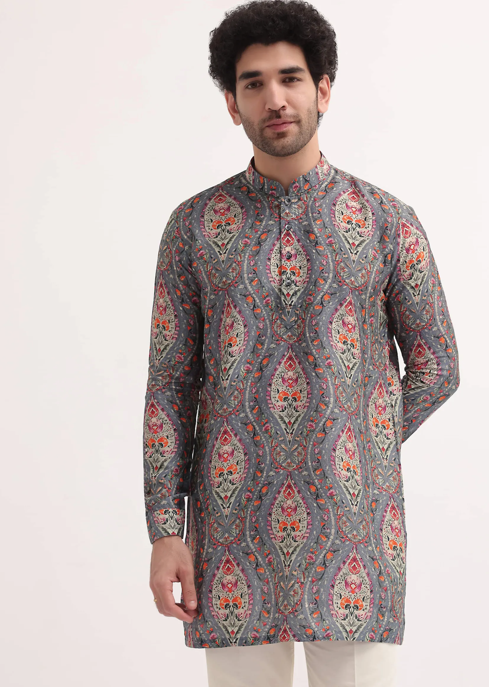 Grey Printed Silk Short Kurta Set For Men