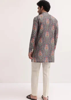 Grey Printed Silk Short Kurta Set For Men