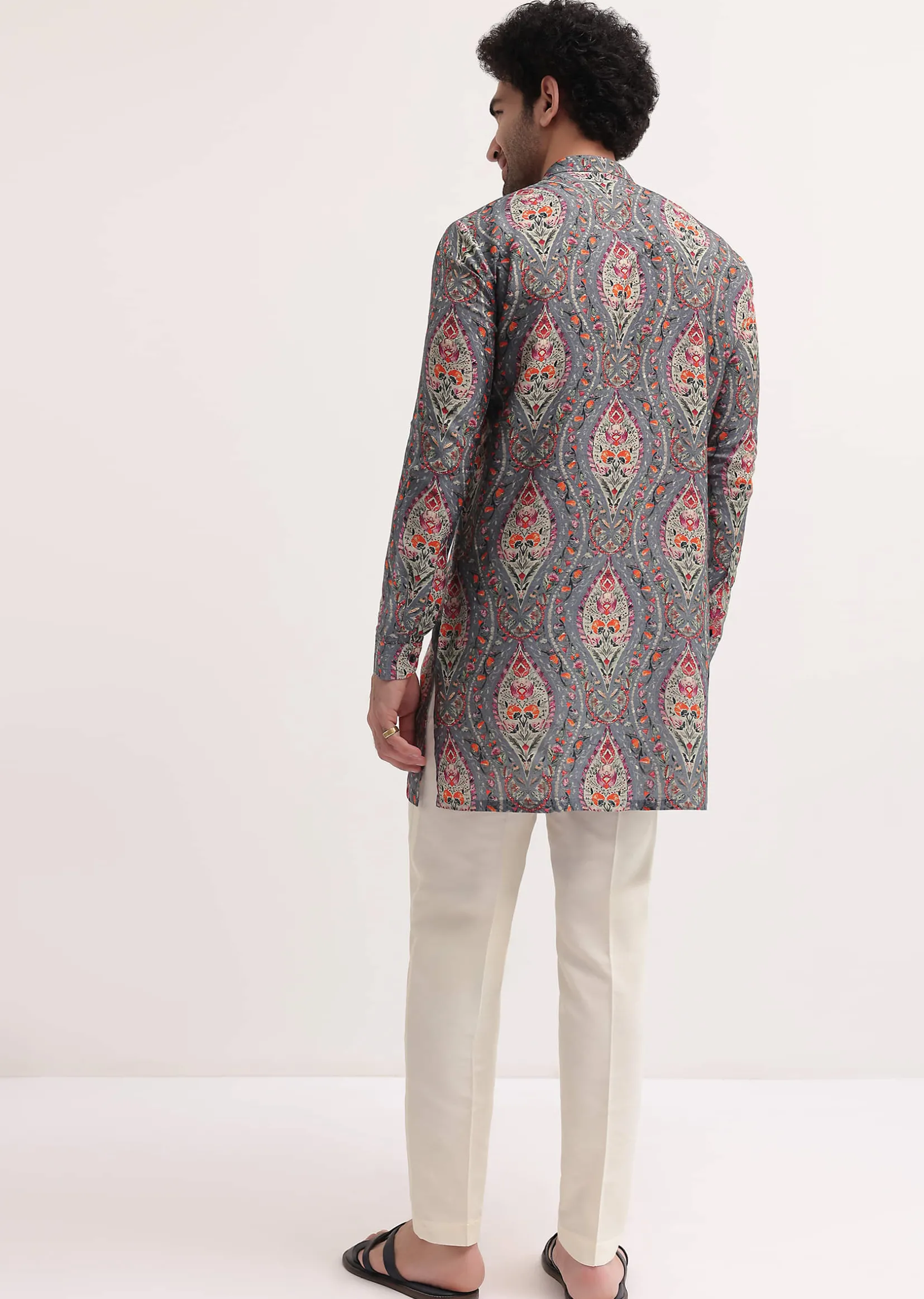 Grey Printed Silk Short Kurta Set For Men