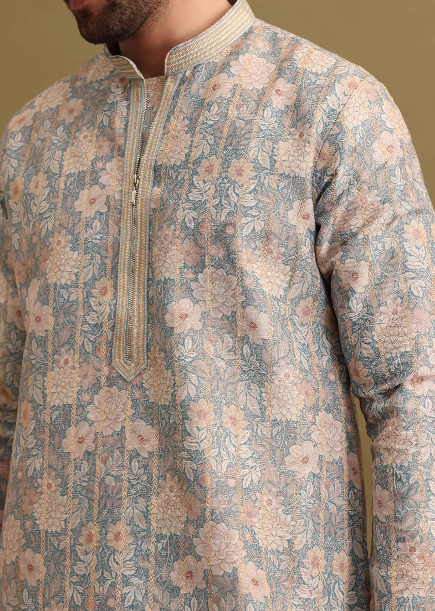 Grey Printed Silk Zipper Kurta Set For Men