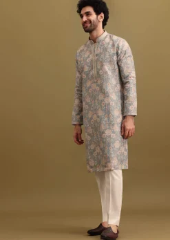 Grey Printed Silk Zipper Kurta Set For Men