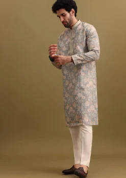 Grey Printed Silk Zipper Kurta Set For Men