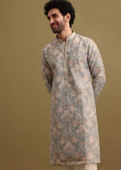 Grey Printed Silk Zipper Kurta Set For Men