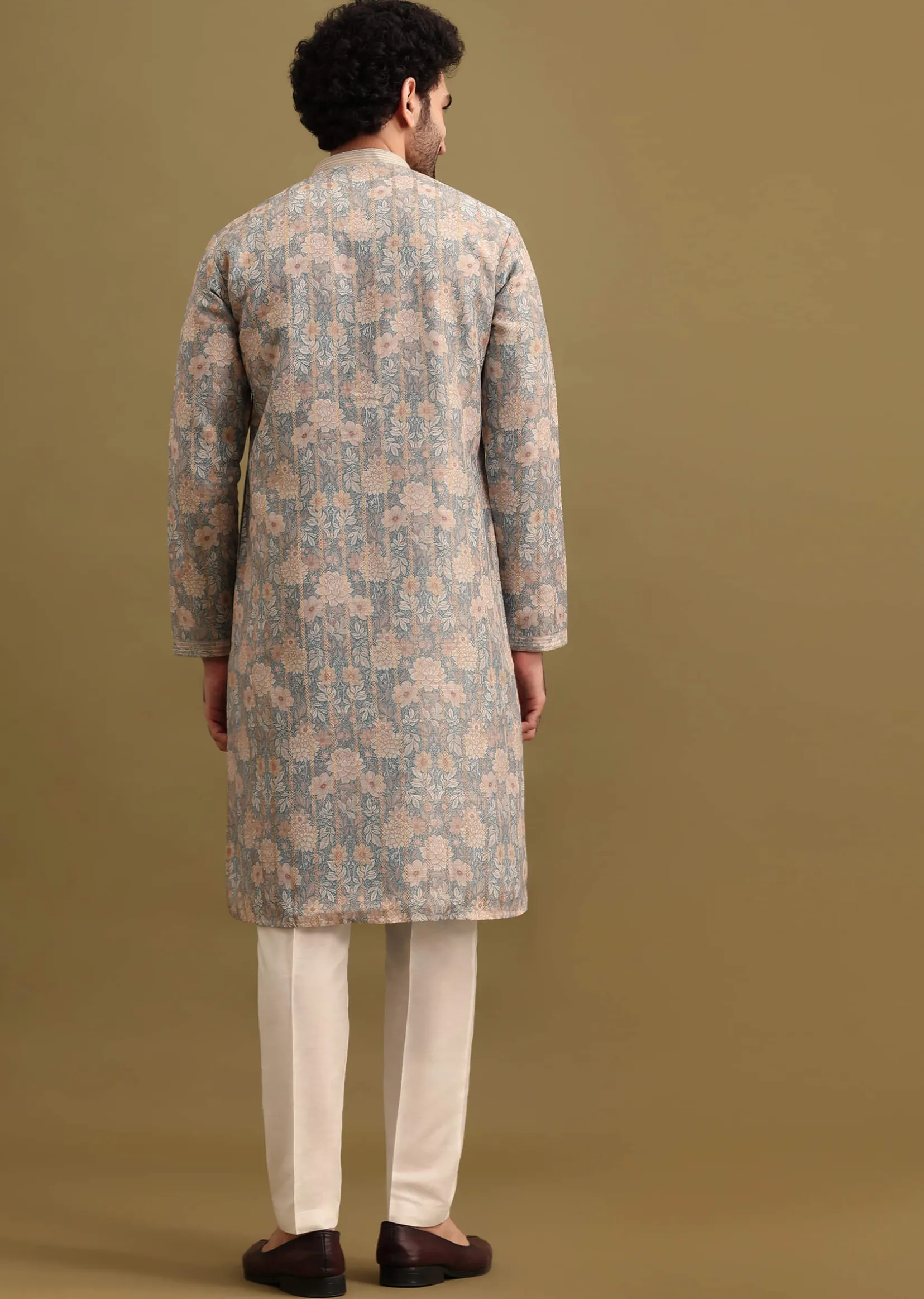 Grey Printed Silk Zipper Kurta Set For Men