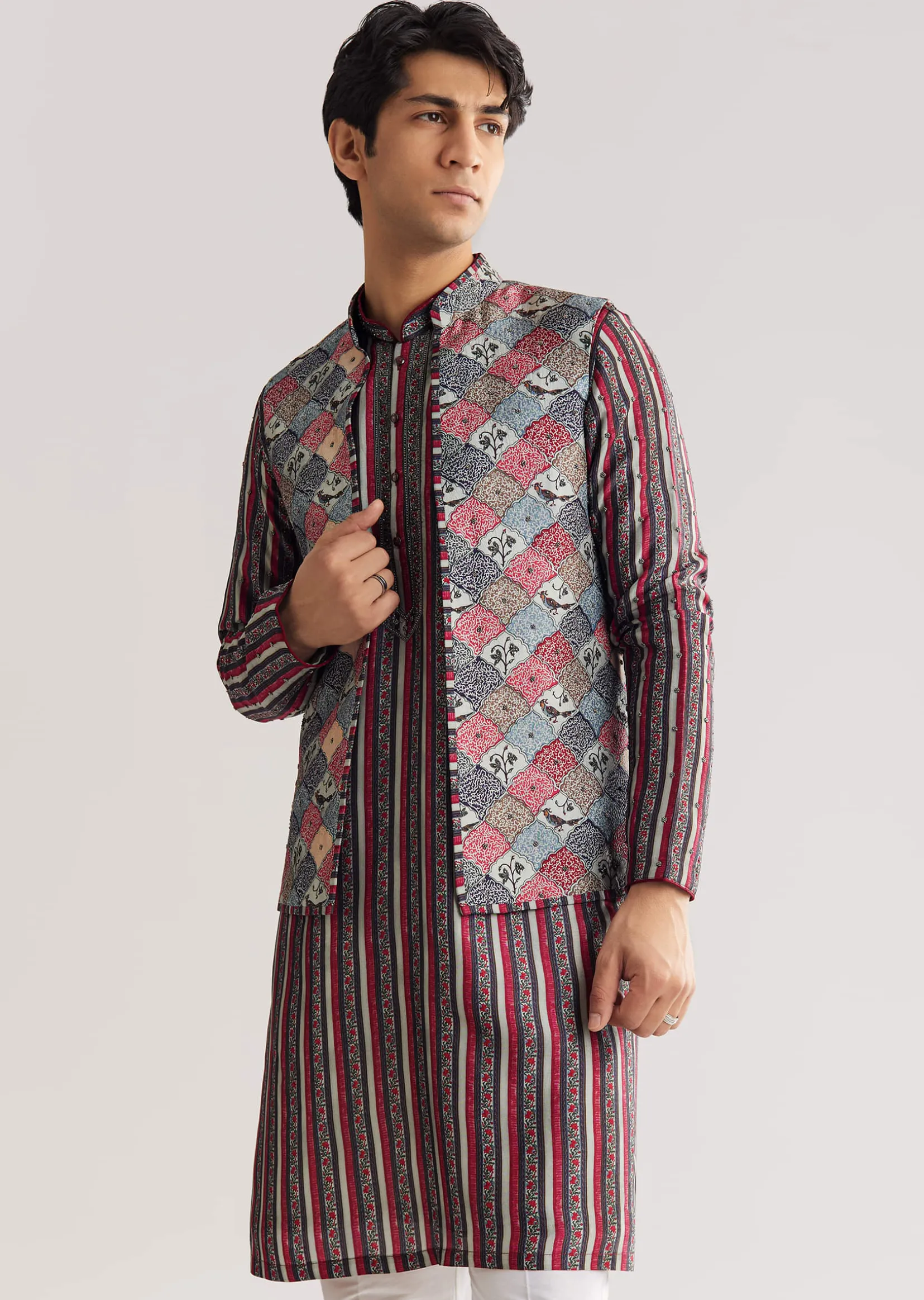 Grey Rawsilk Jacket Kurta Set With Cut Dana And Stone