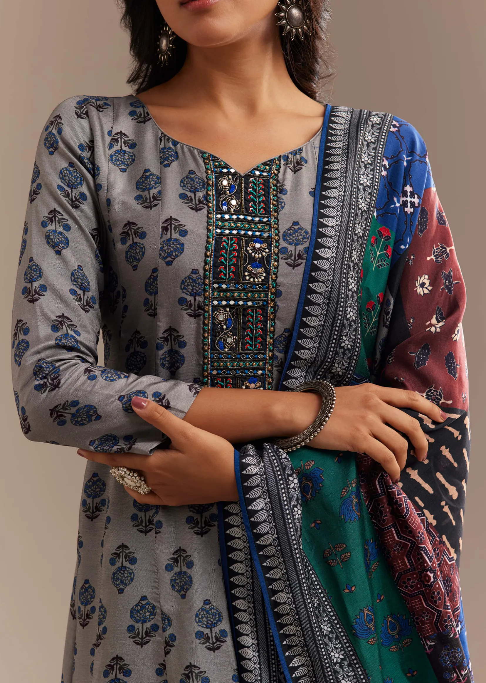 Grey Roman Silk Printed Anarkali Set