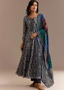 Grey Roman Silk Printed Anarkali Set