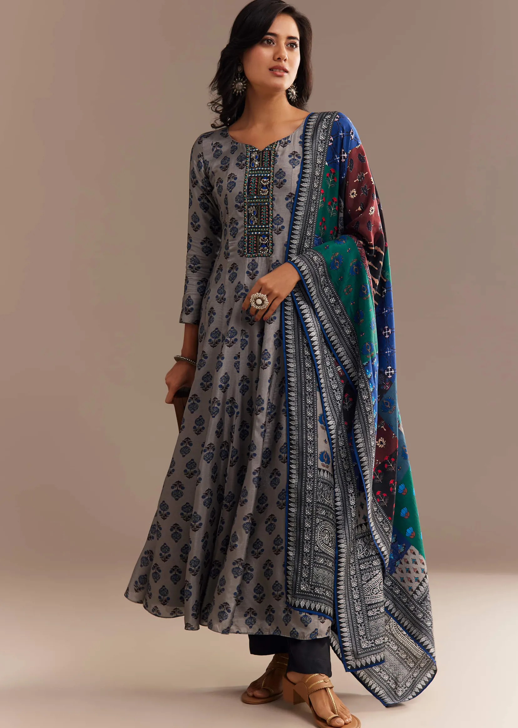 Grey Roman Silk Printed Anarkali Set