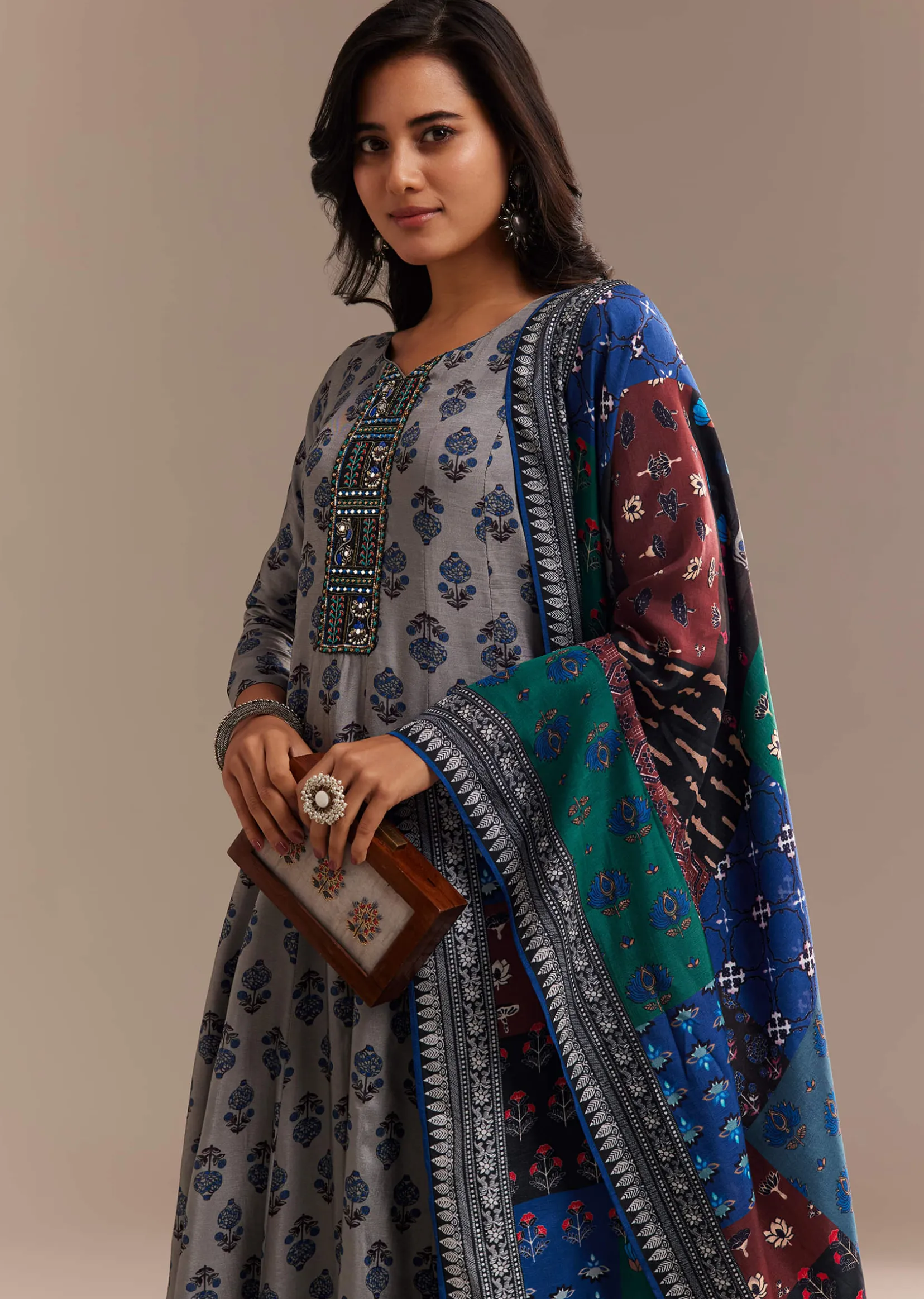Grey Roman Silk Printed Anarkali Set