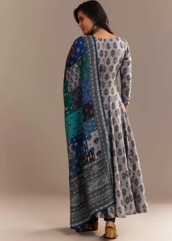 Grey Roman Silk Printed Anarkali Set