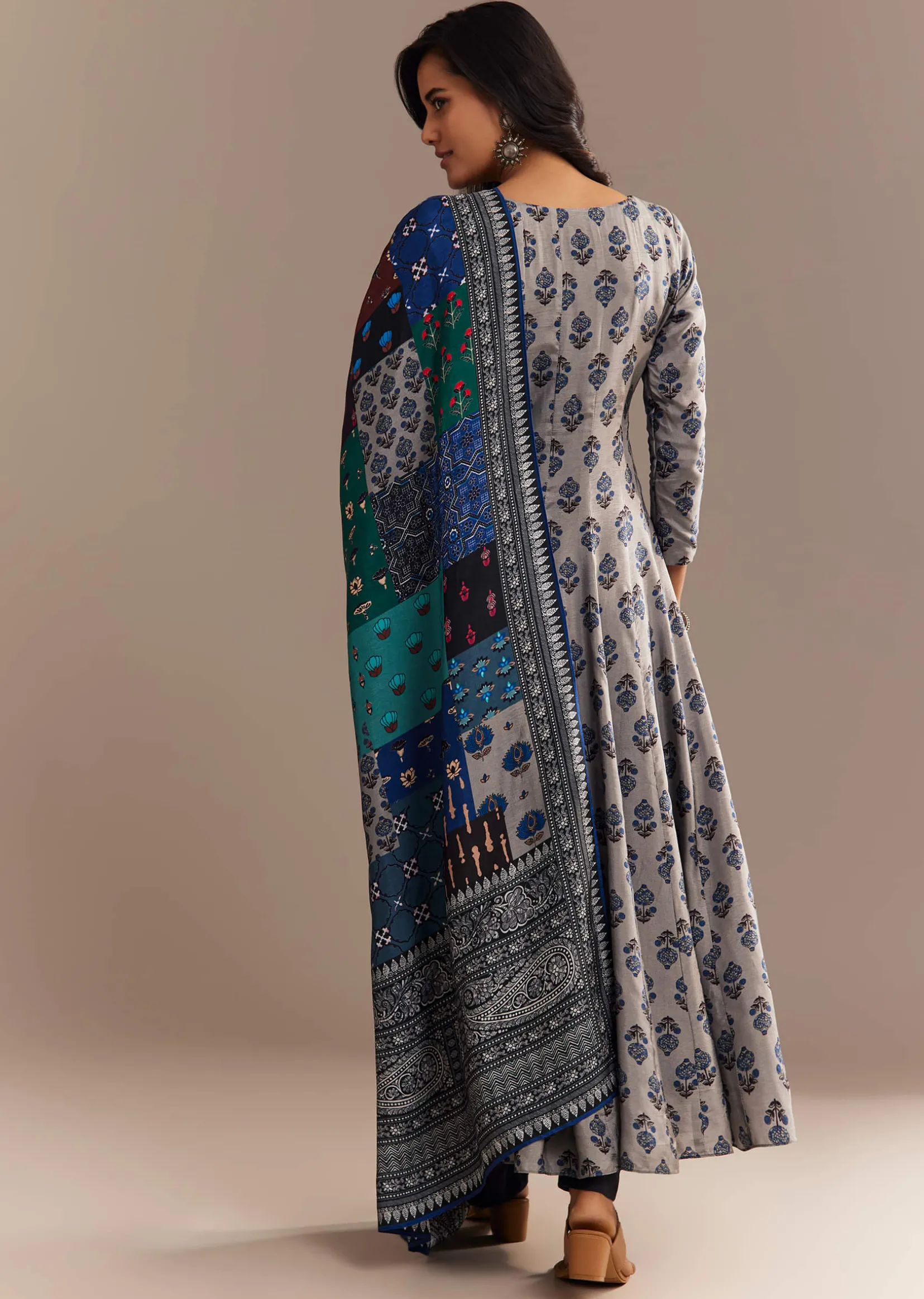 Grey Roman Silk Printed Anarkali Set