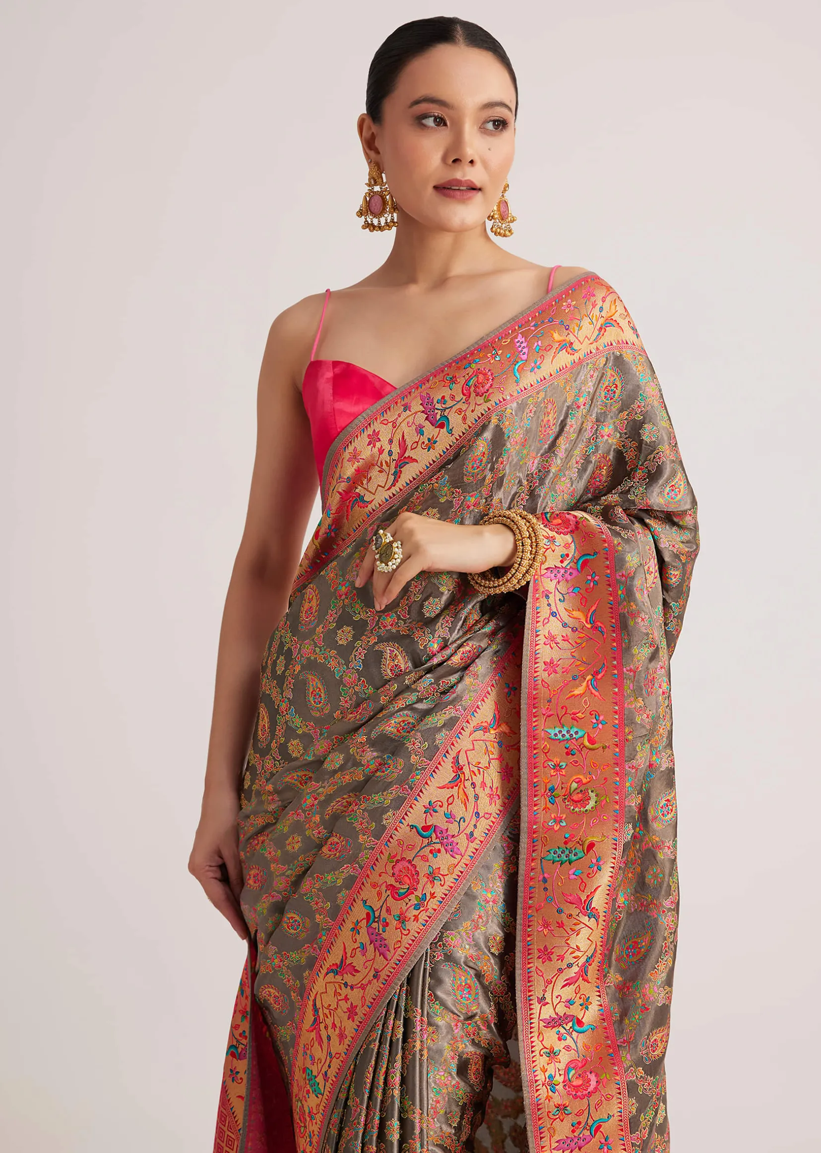 Grey Satin Silk Saree With Jaal Work And Zari Peacock Motif Border