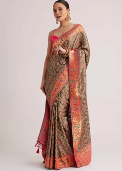 Grey Satin Silk Saree With Jaal Work And Zari Peacock Motif Border