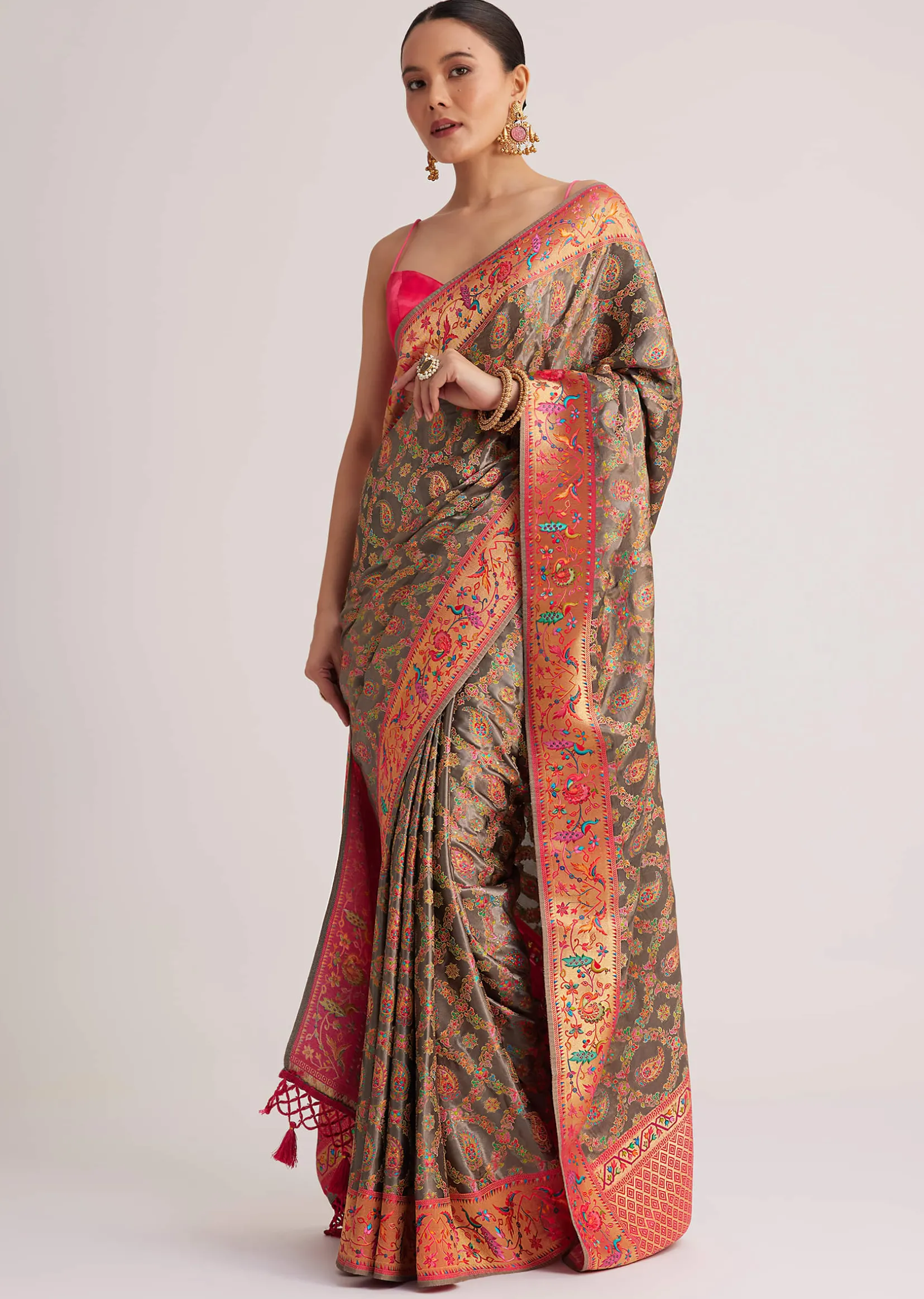 Grey Satin Silk Saree With Jaal Work And Zari Peacock Motif Border