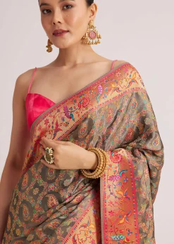 Grey Satin Silk Saree With Jaal Work And Zari Peacock Motif Border