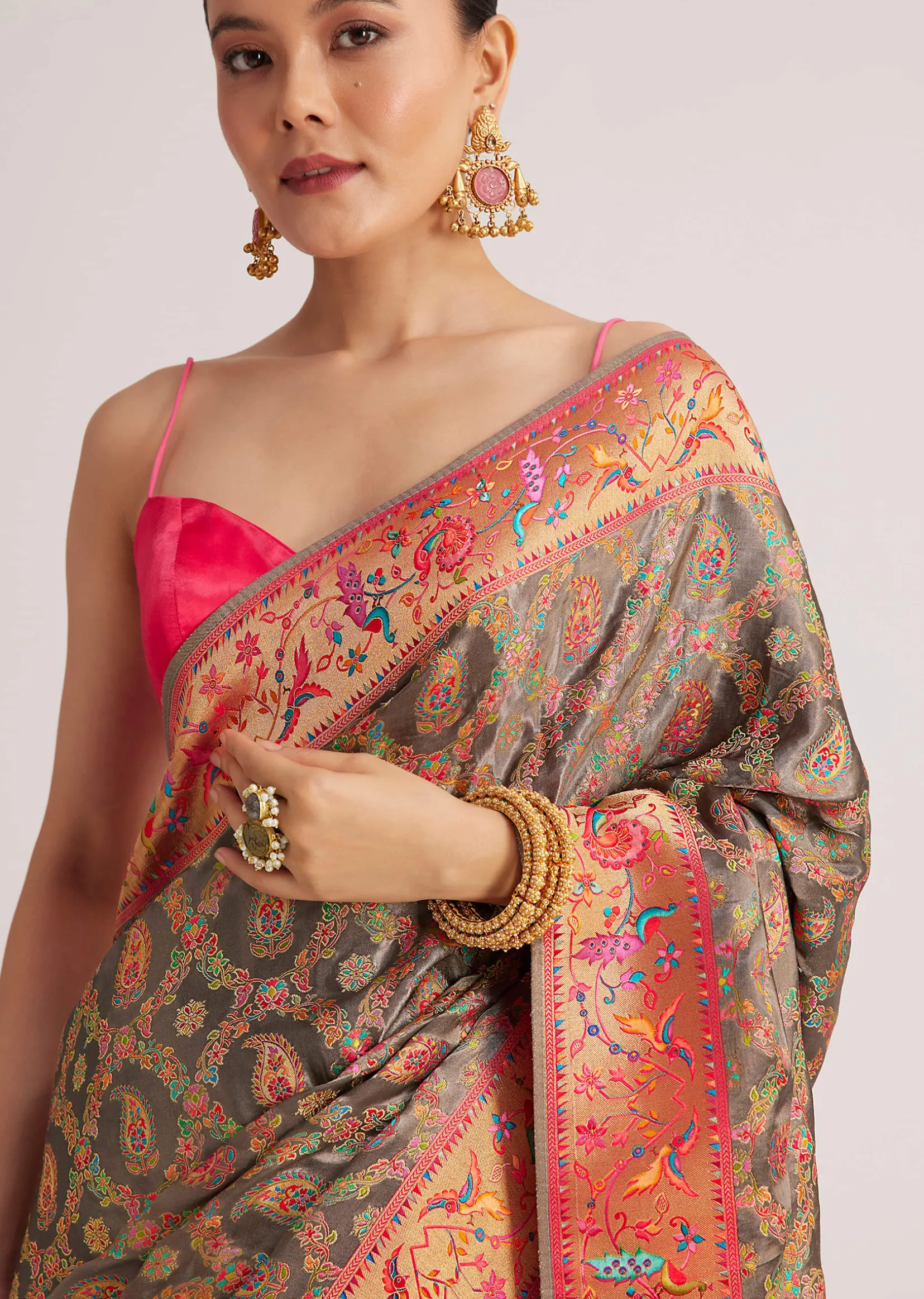 Grey Satin Silk Saree With Jaal Work And Zari Peacock Motif Border