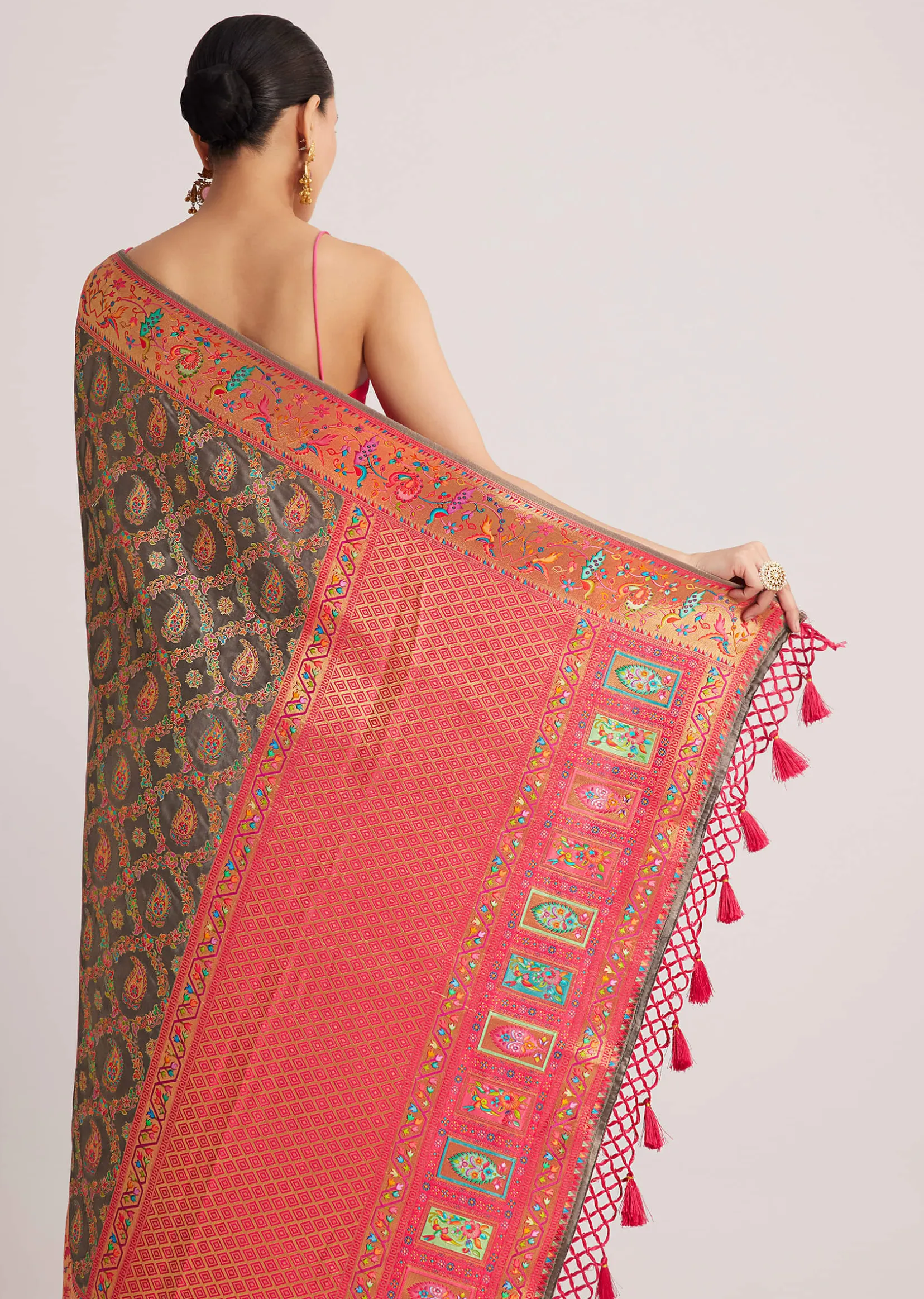 Grey Satin Silk Saree With Jaal Work And Zari Peacock Motif Border