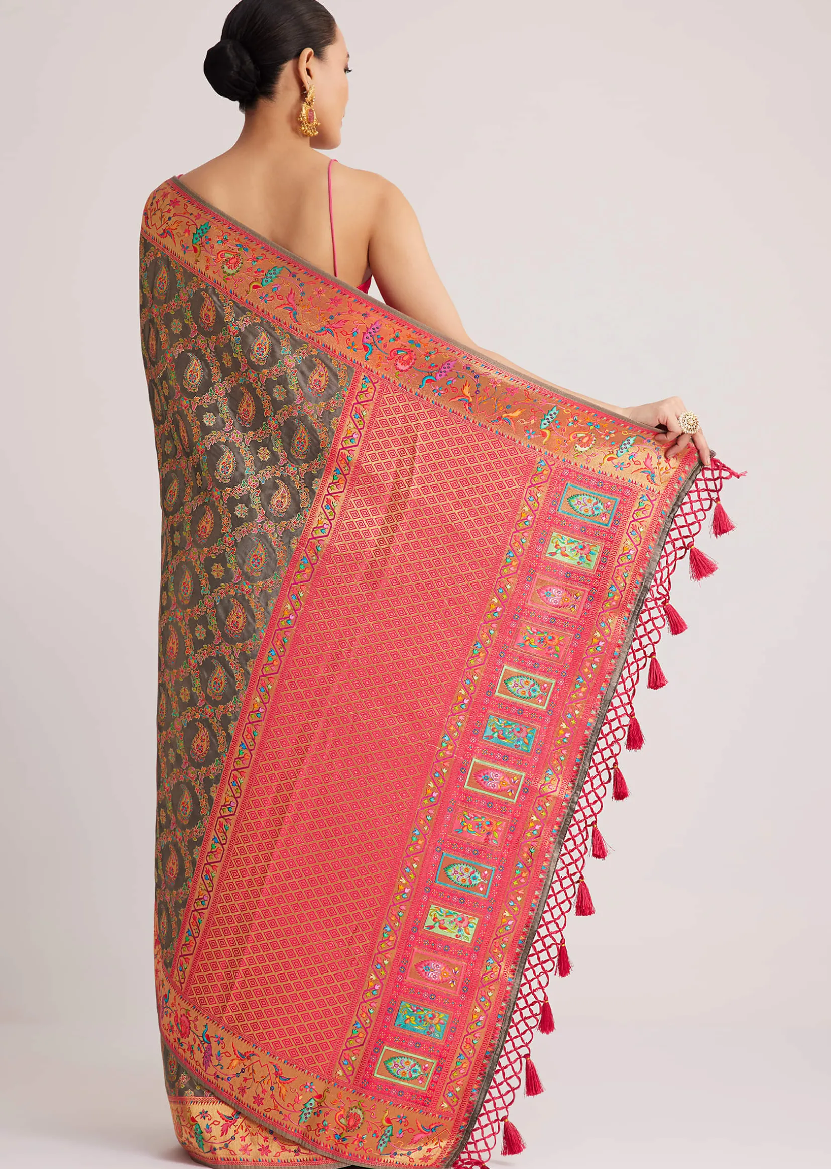 Grey Satin Silk Saree With Jaal Work And Zari Peacock Motif Border