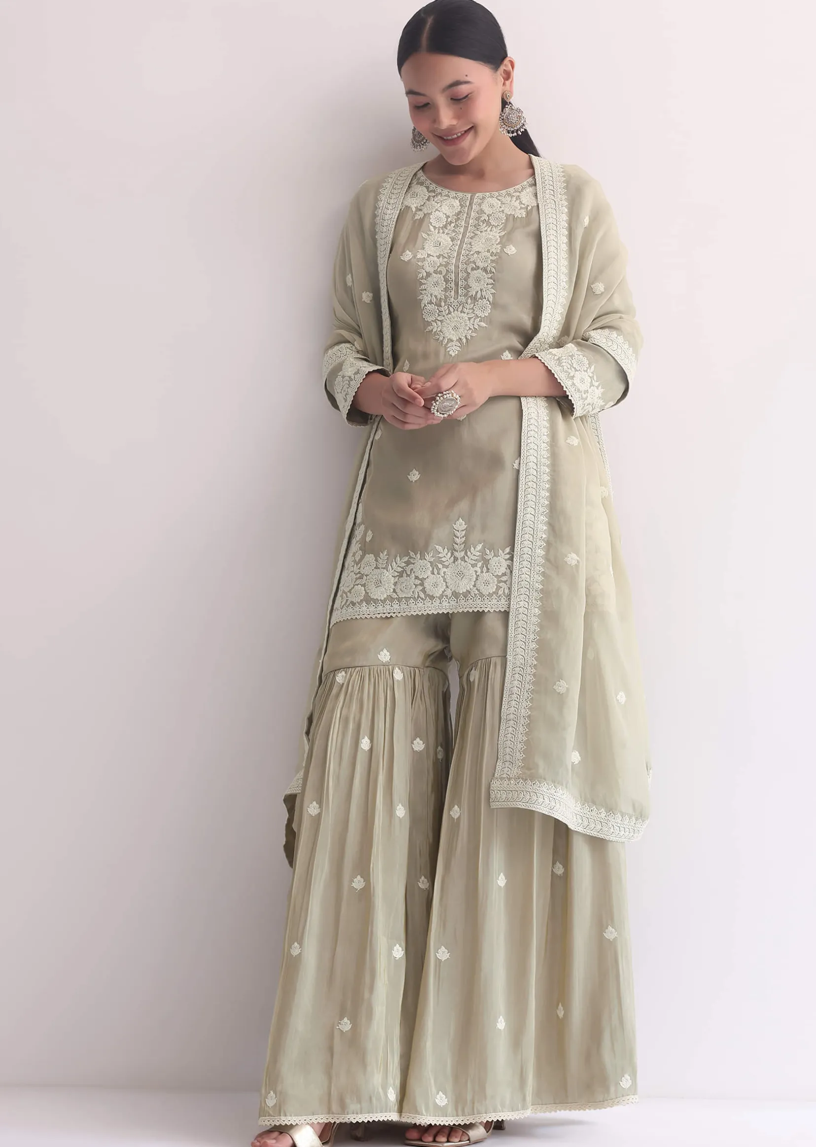 Grey Sequin Embroidered Sharara Set