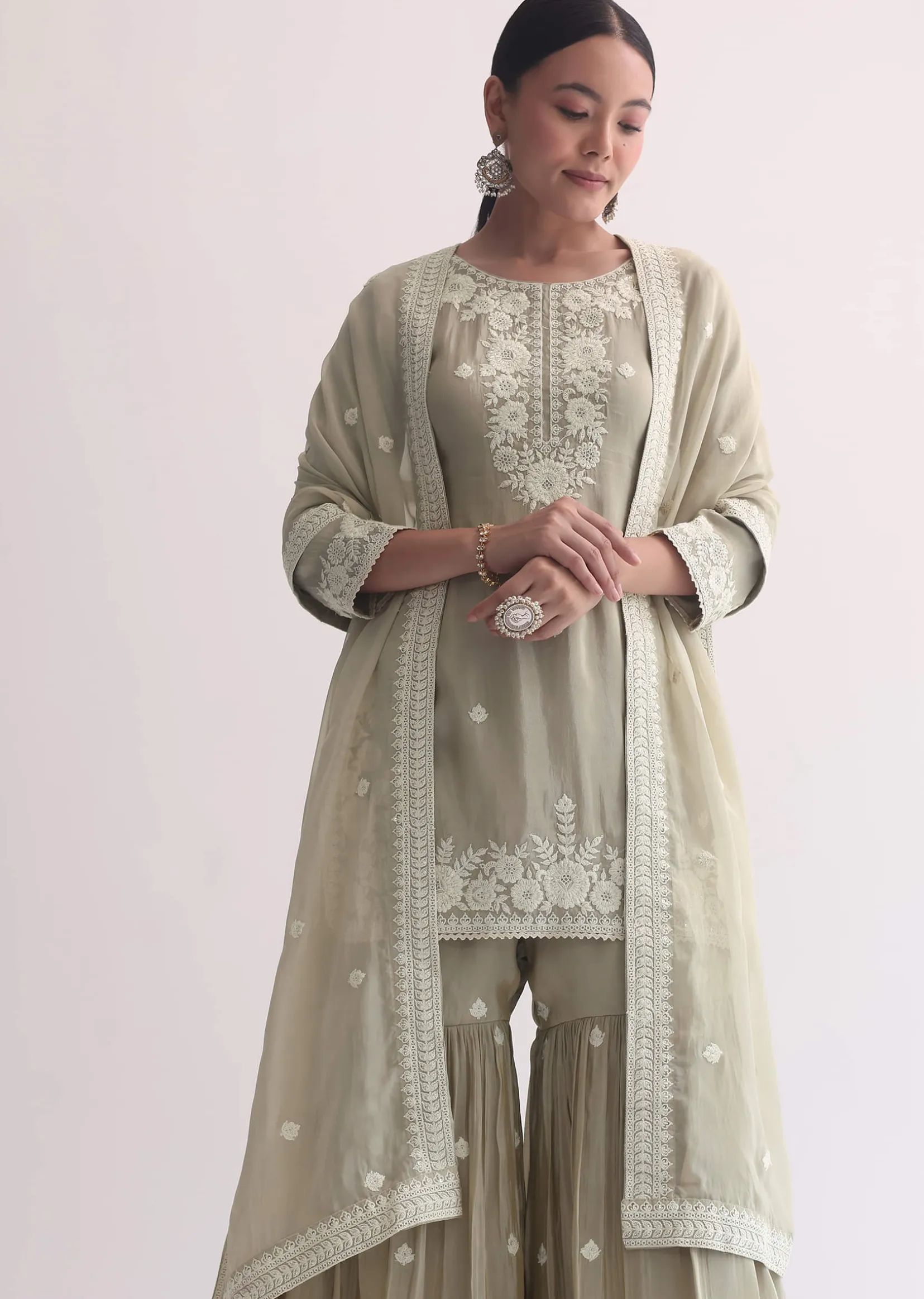 Grey Sequin Embroidered Sharara Set