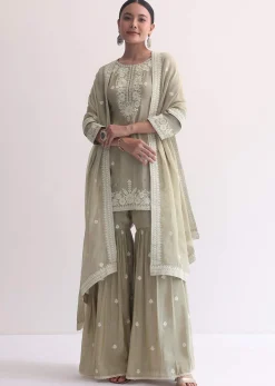 Grey Sequin Embroidered Sharara Set