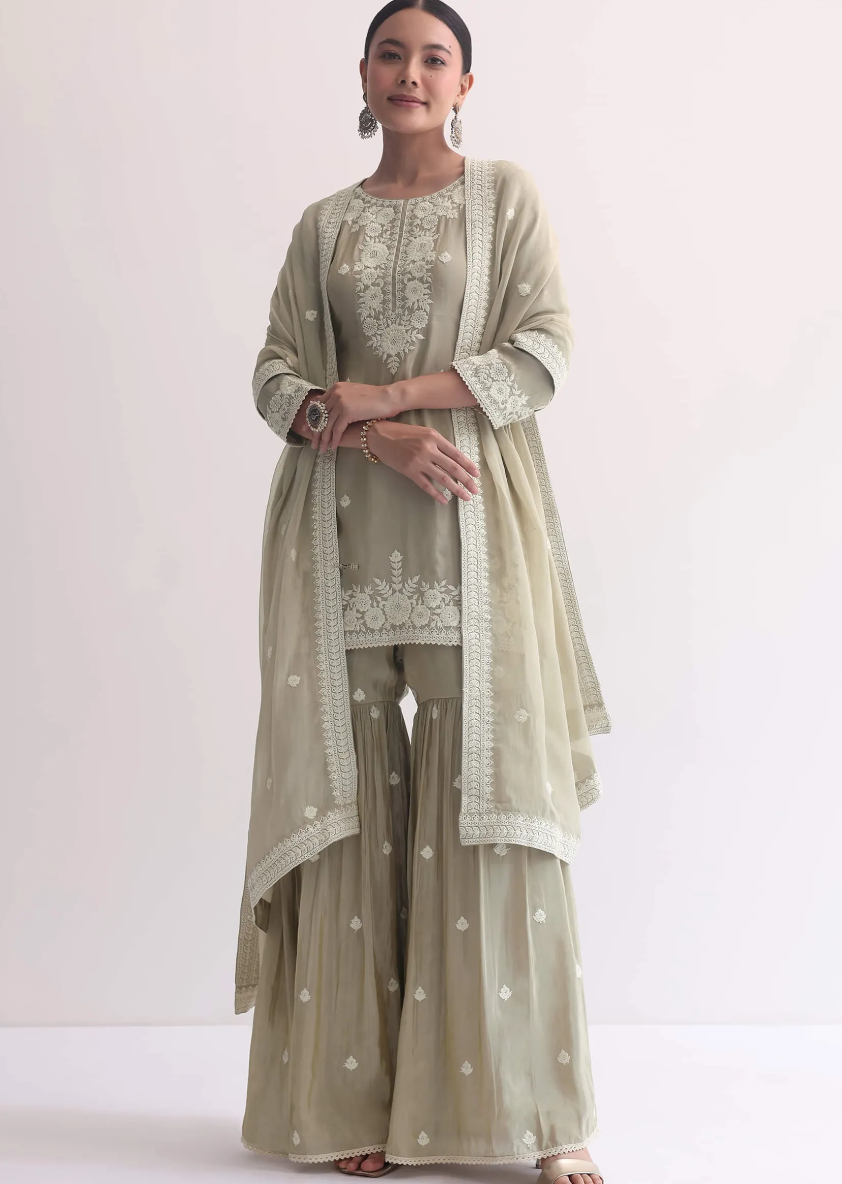 Grey Sequin Embroidered Sharara Set