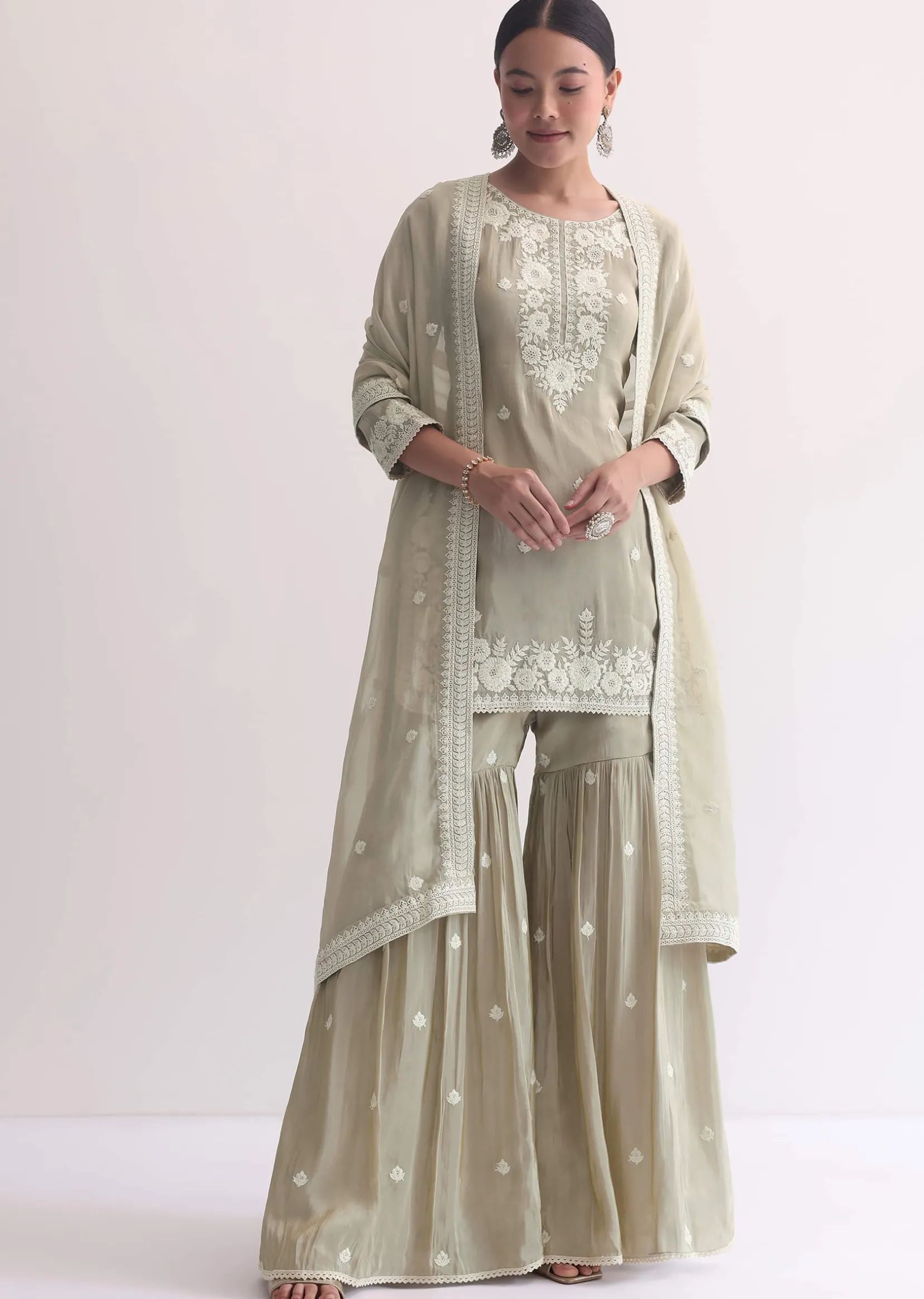 Grey Sequin Embroidered Sharara Set