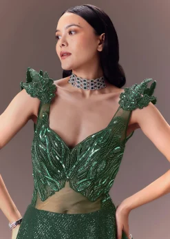 Grey Sequin Flared Gown With 3D Hand Work
