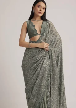 Grey Sequins Net Saree