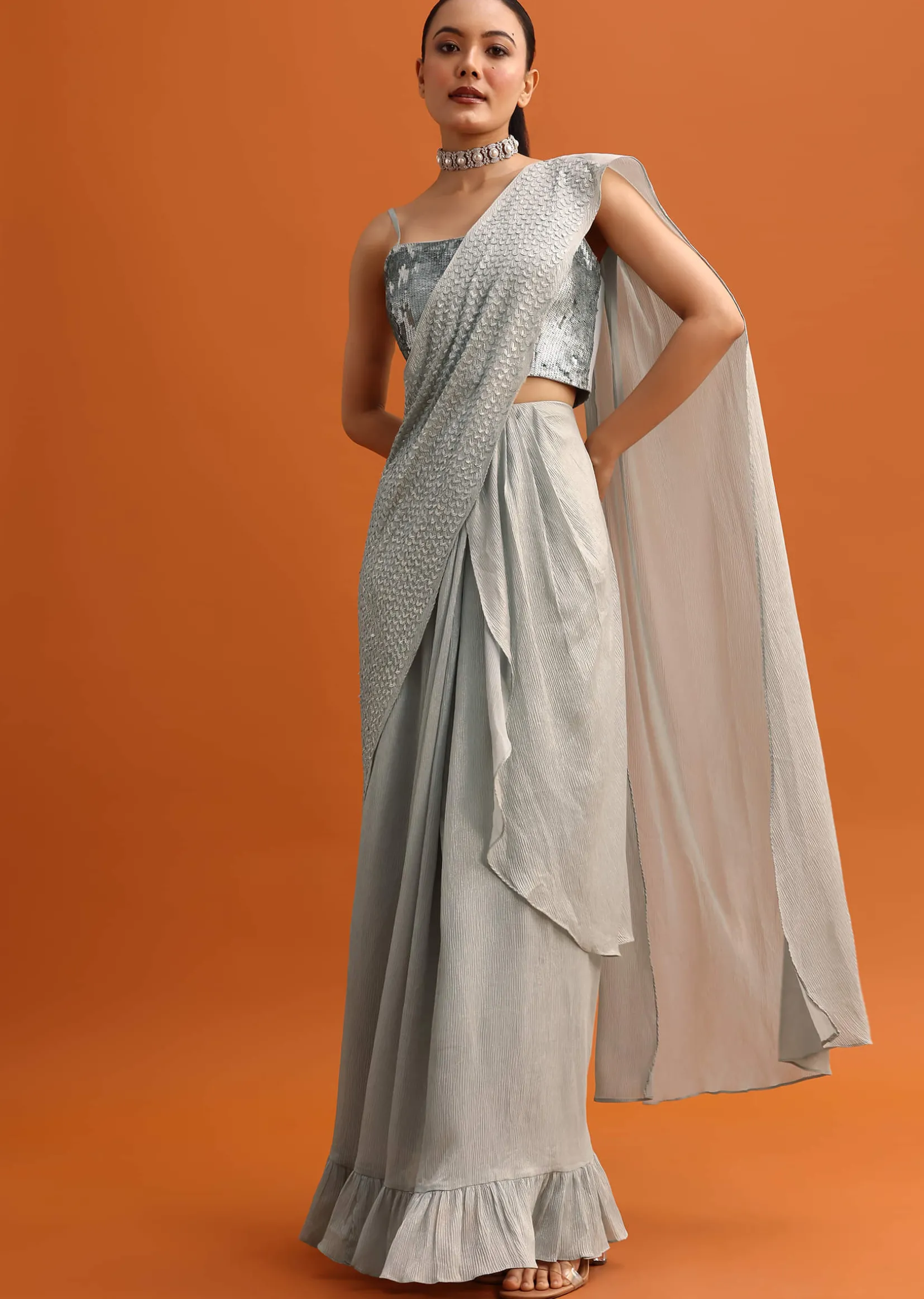 Grey Sequins Ready Pleated Saree