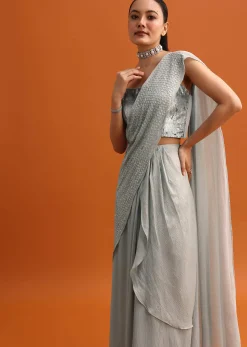 Grey Sequins Ready Pleated Saree