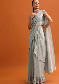 Grey Sequins Ready Pleated Saree