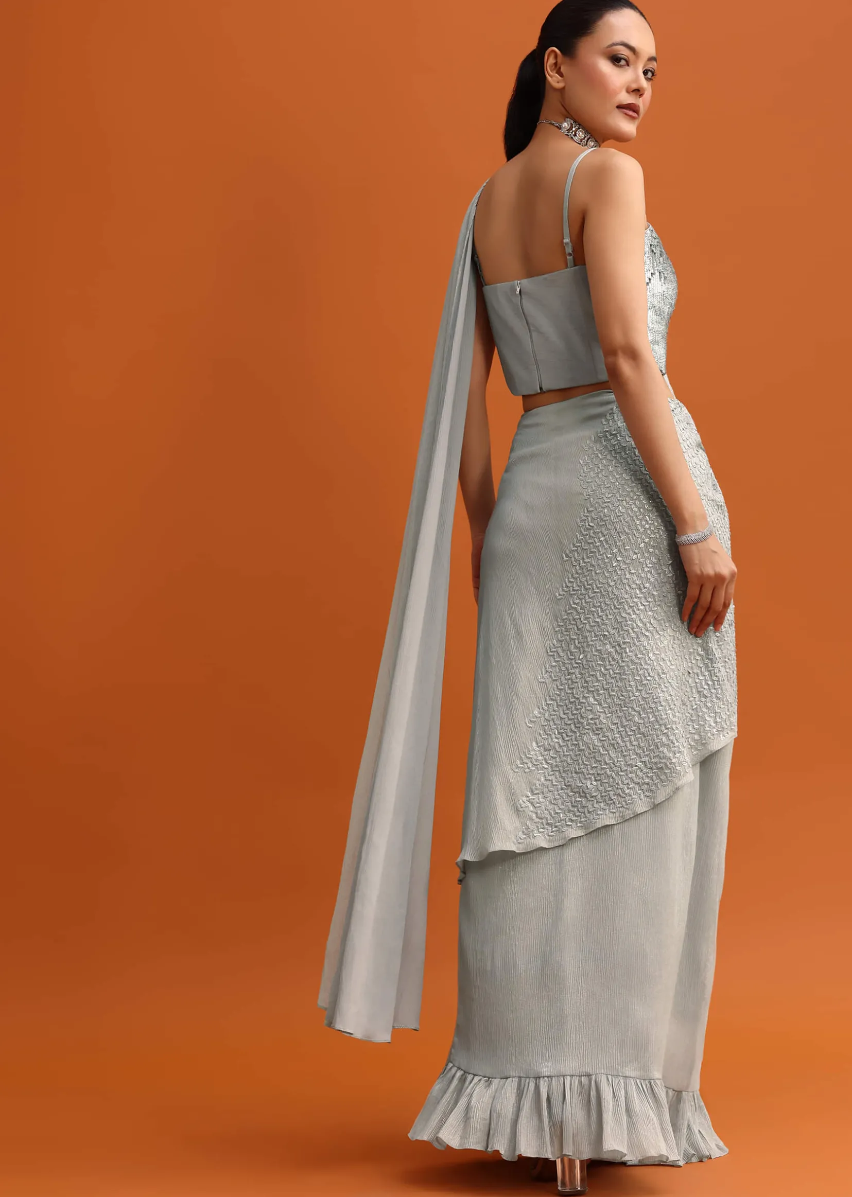 Grey Sequins Ready Pleated Saree