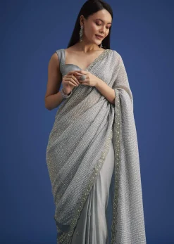 Grey Sequins Saree With Scalloped Embroidered Border
