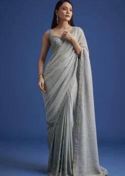 Grey Sequins Saree With Scalloped Embroidered Border