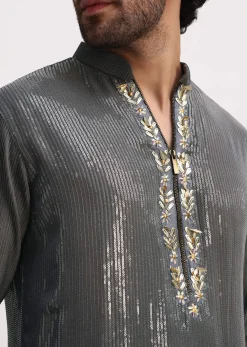 Grey Shaded Sequin Zipper Kurta With Black Pants