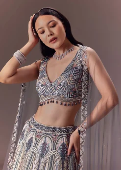 Grey Shimmer Net Lehenga Set With Cape Style Dupatta