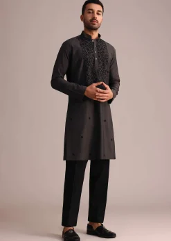 Grey Silk Blend Floral Embroidered Kurta Set With Resham Work