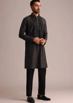 Grey Silk Blend Floral Embroidered Kurta Set With Resham Work